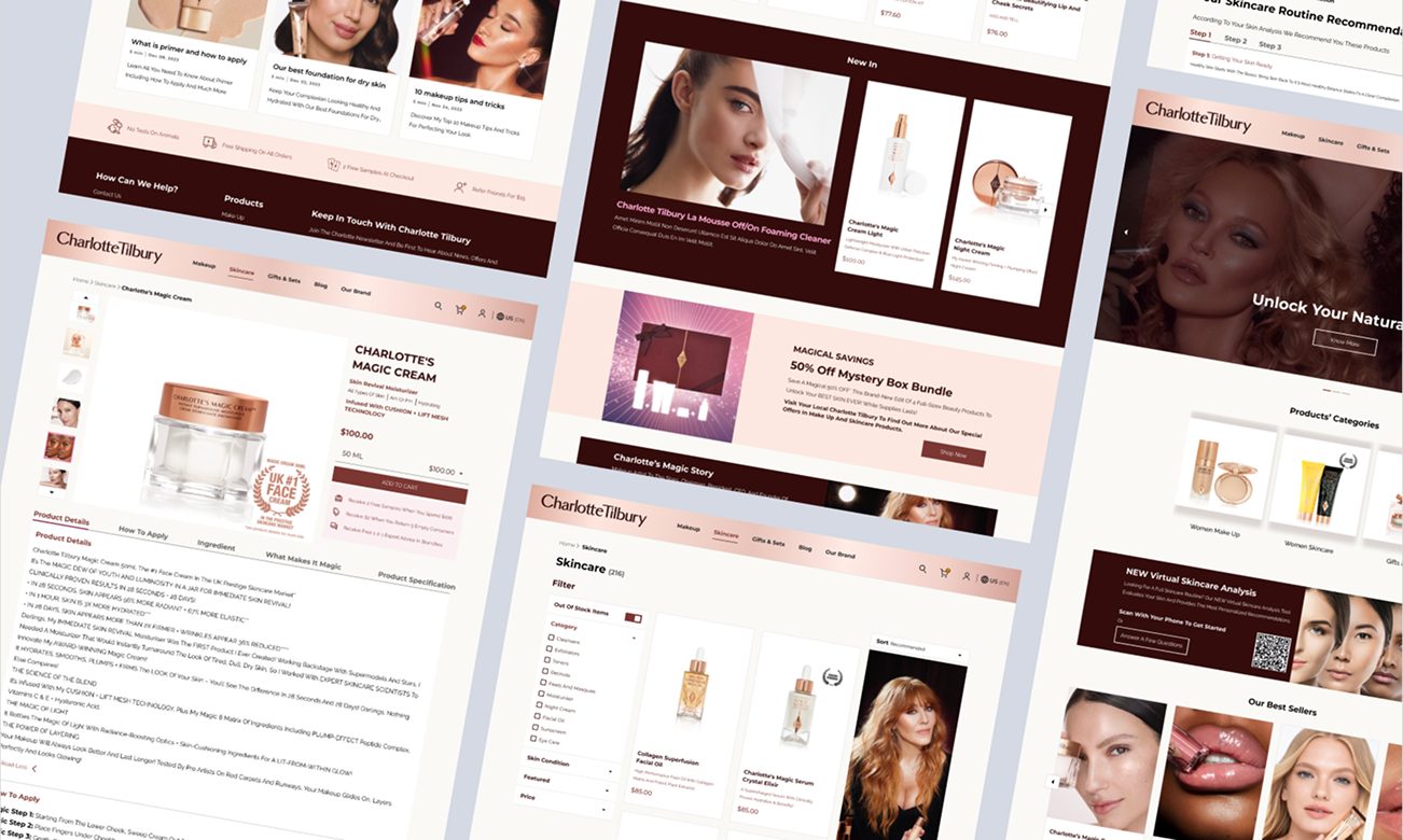 Editorial collage of the redesigned desktop experience — homepage, product listing, product detail, blog, and skincare recommendation pages