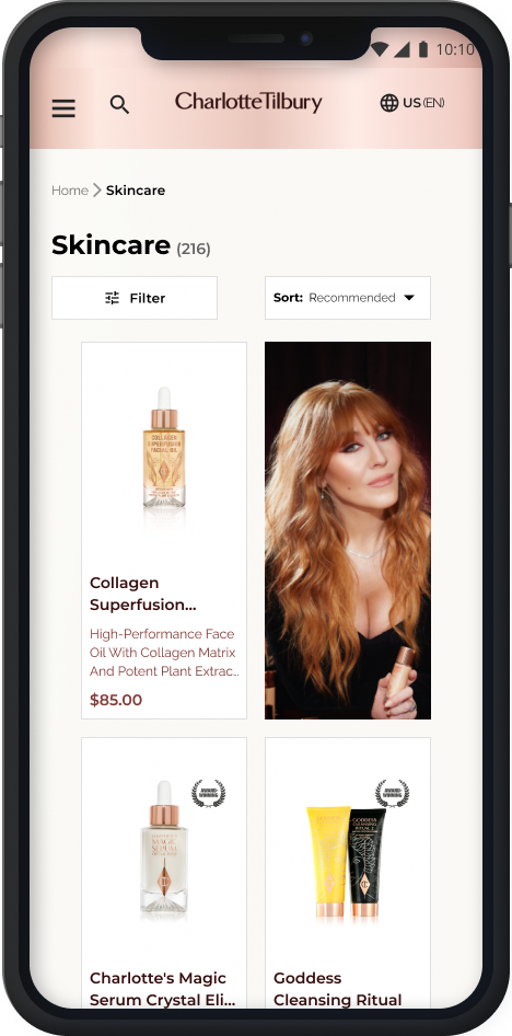 Redesigned mobile product listing on an iPhone — filters and a clean, breathable grid