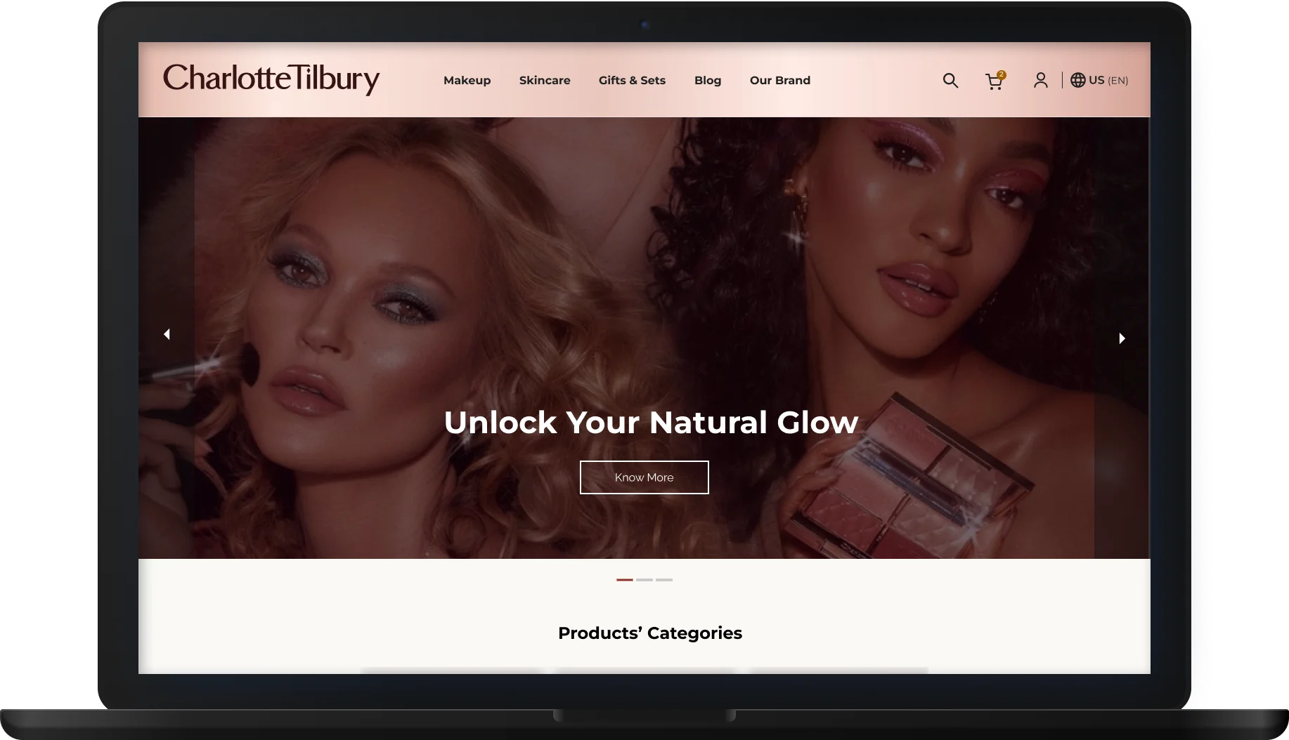 Redesigned Charlotte Tilbury homepage on a MacBook