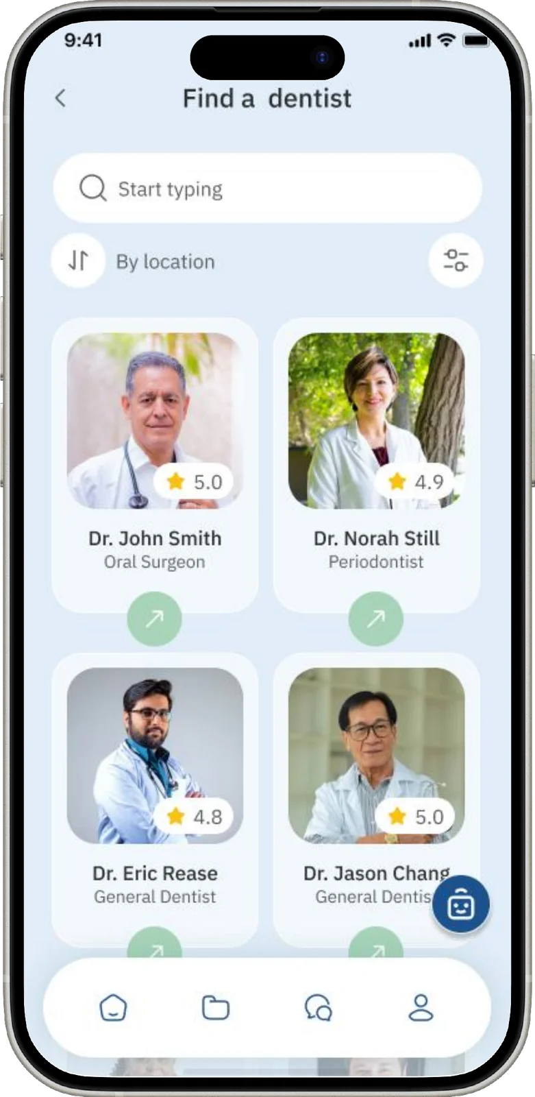 Provider finder screen — in-network dentists with ratings and specialties, compared side by side