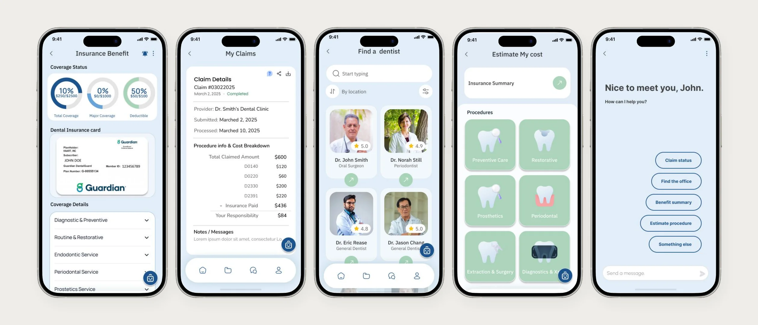 The Cureon system — insurance benefit, claims, provider finder, cost estimator, and AI assistant staged on five iPhones