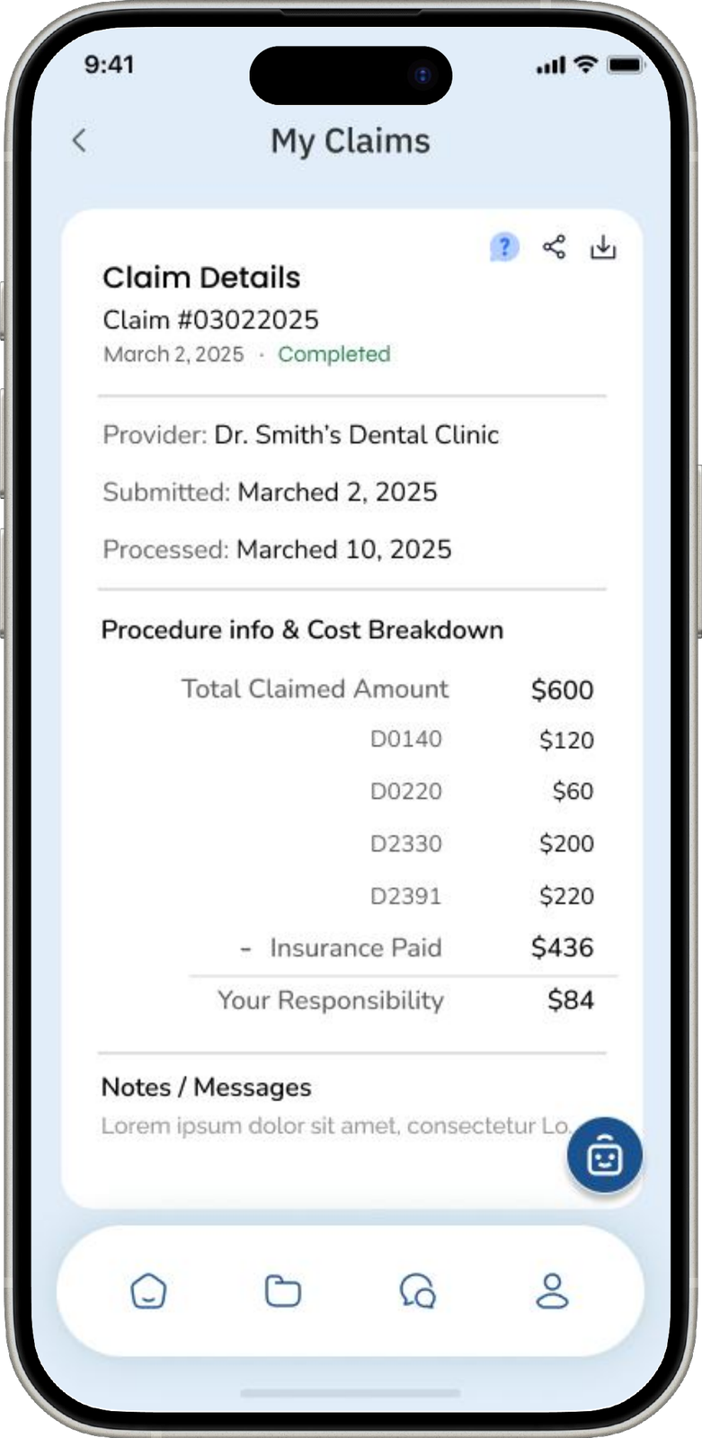 Claims screen — claim details with code-level cost breakdown and insurance-paid summary