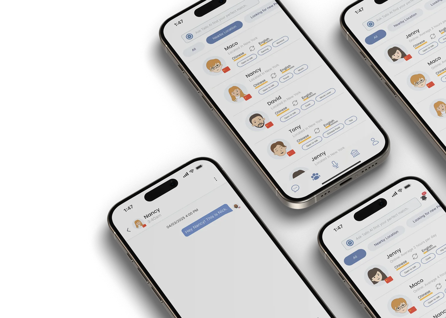 Tallo — hero mockup: four phones with matching, chat, and voice-room screens