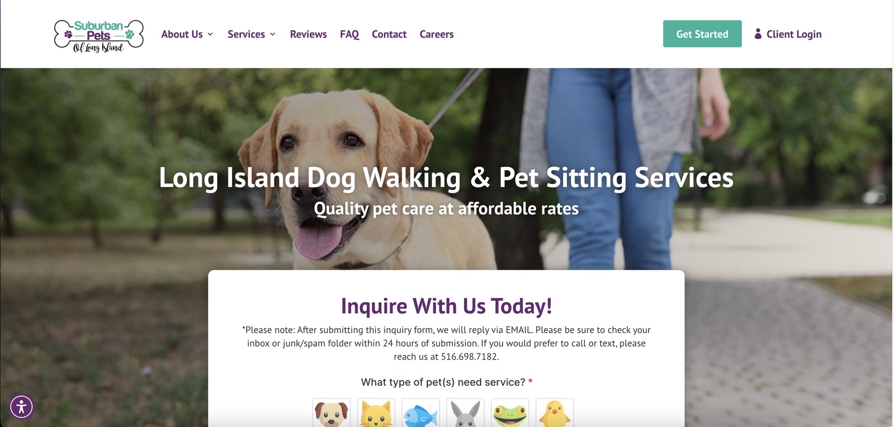 The existing Suburban Pets of Long Island homepage — dog walking and pet sitting services with an inquiry form
