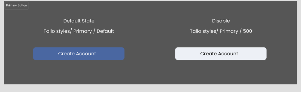 Primary button specification — default and disabled, with token paths