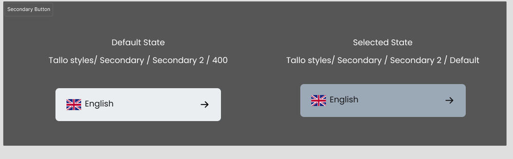 Secondary button specification — default and selected, with token paths