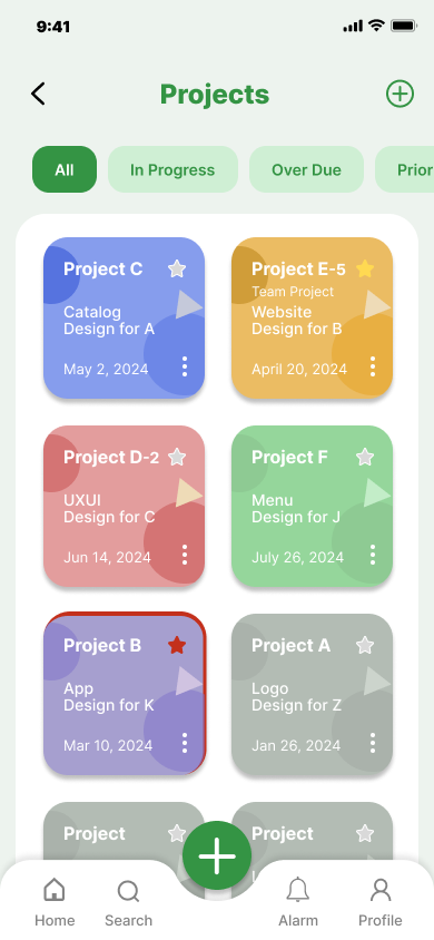 Projects — color-coded grid of projects with priorities and deadlines