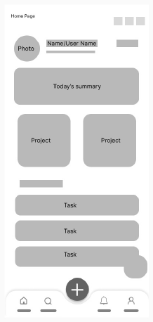 Mid fidelity wireframe — home screen with summary card, projects and task list