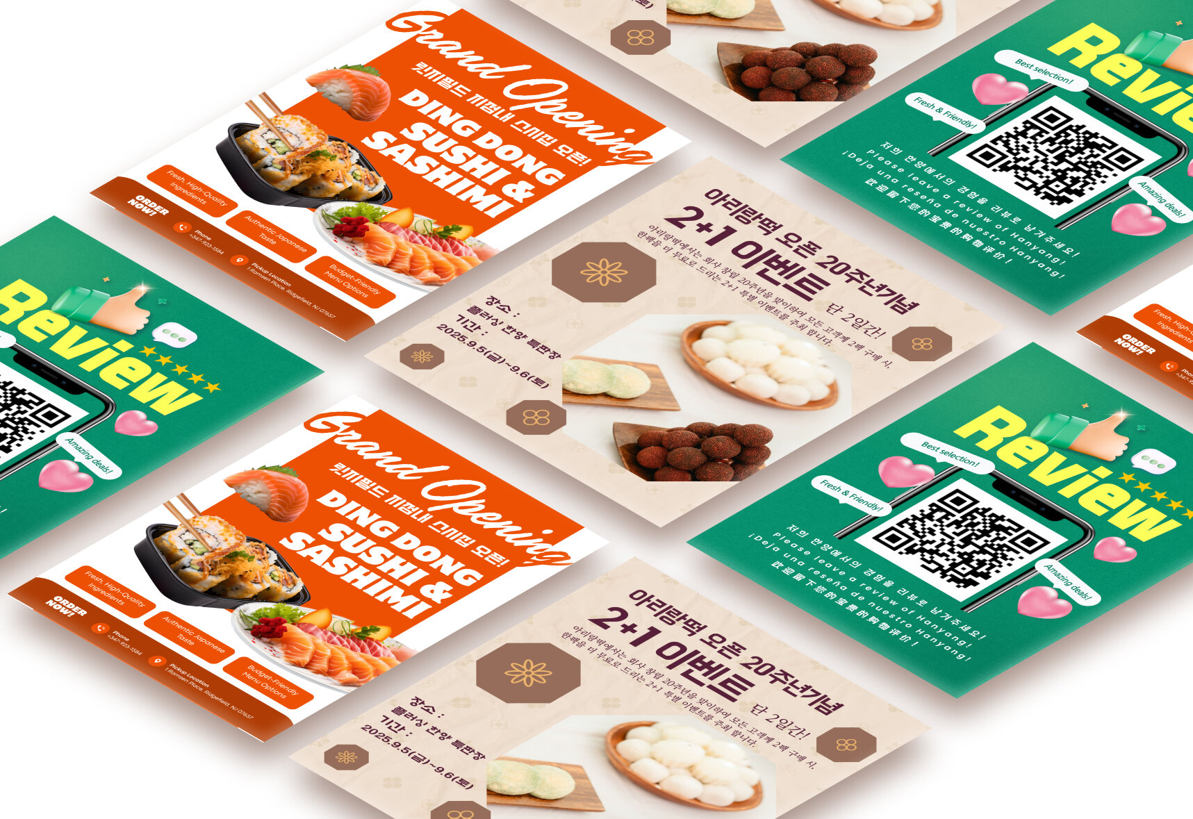 Campaign print materials — grand opening and review cards sharing one visual system