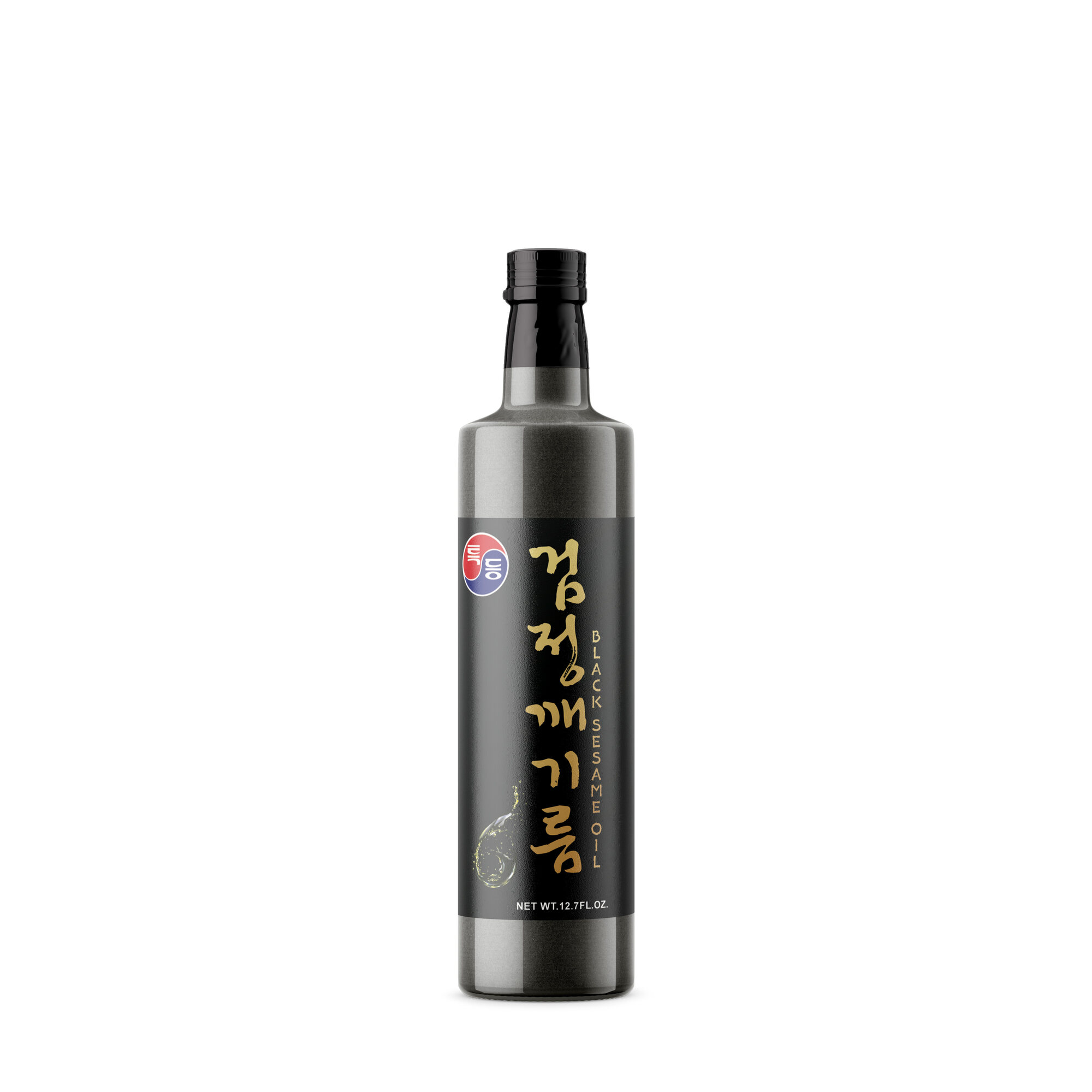 Black sesame oil bottle — dark, dramatic studio photograph with calligraphic label
